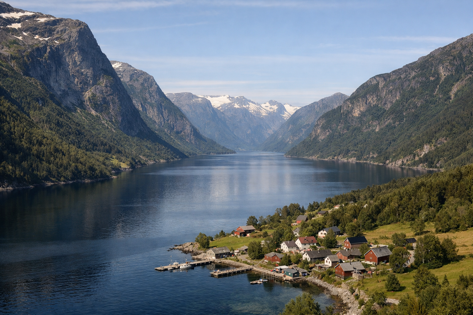 Norsk fjordlandskap med fjell og kystbygd