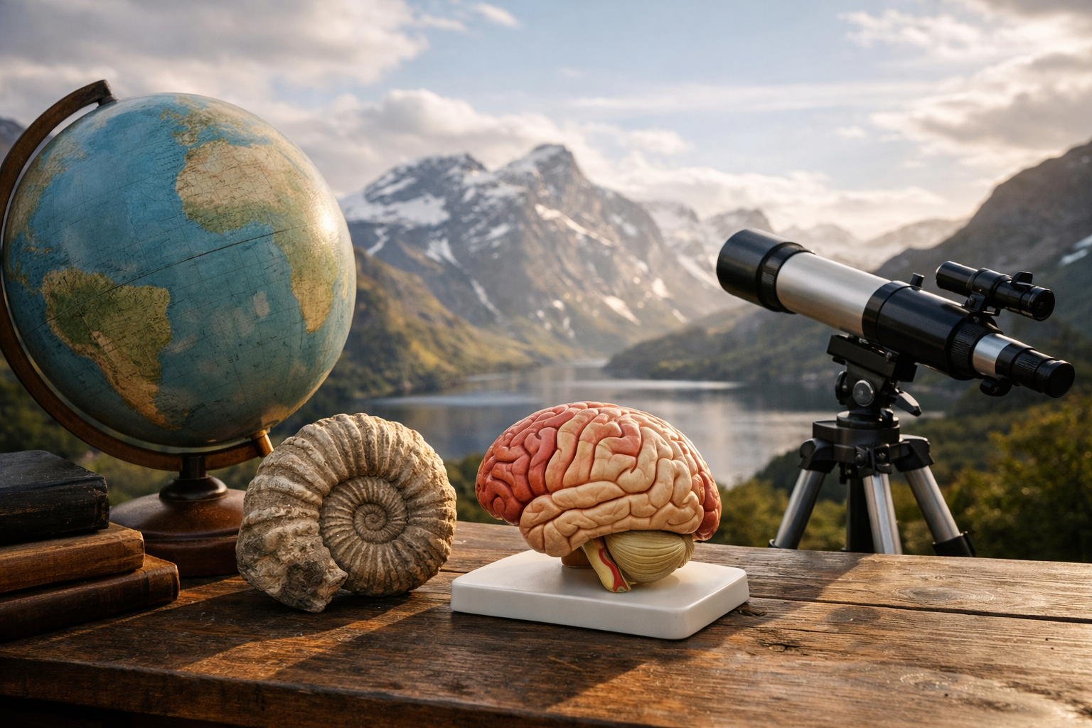 Globus, fossil, hjernemodell og teleskop