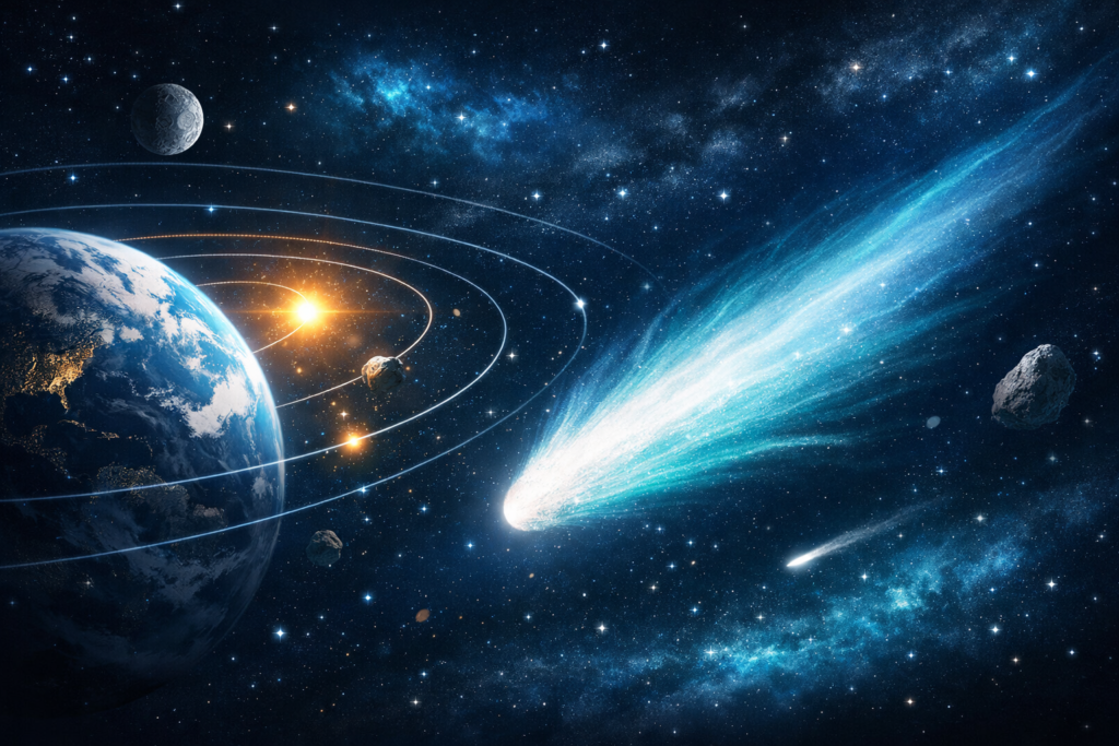 Illustrasjon av Halleys komet på vei gjennom solsystemet