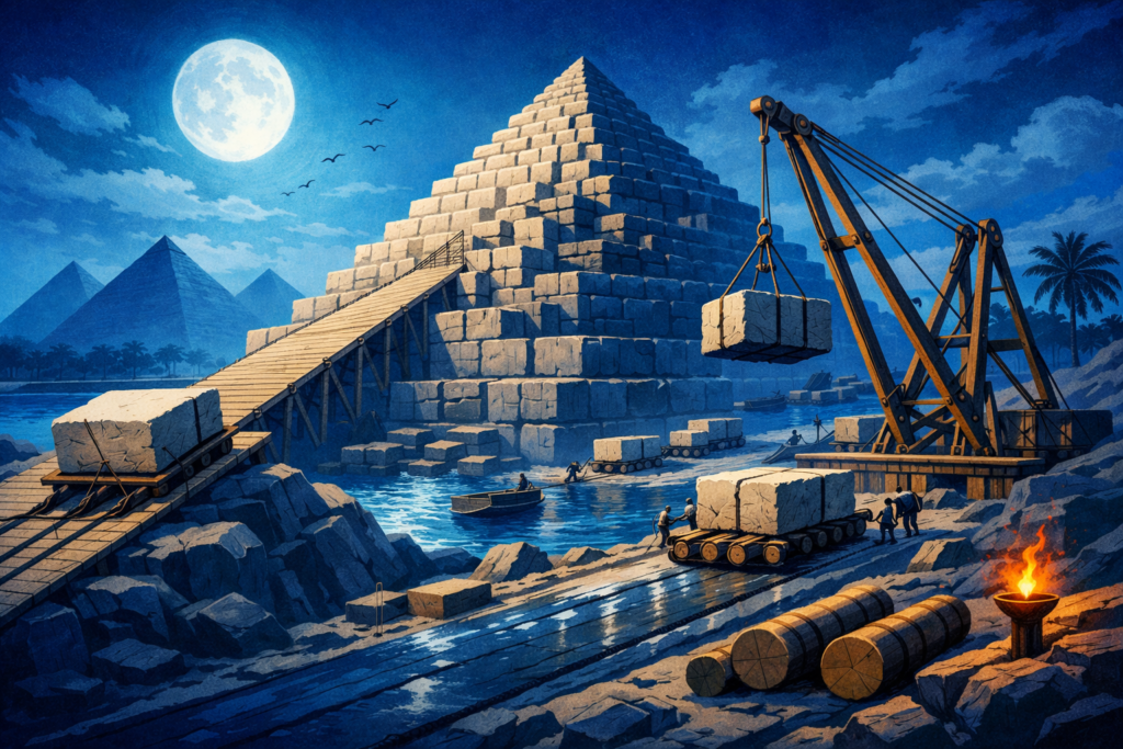 Egyptisk pyramide under bygging med steinblokker og arbeidere