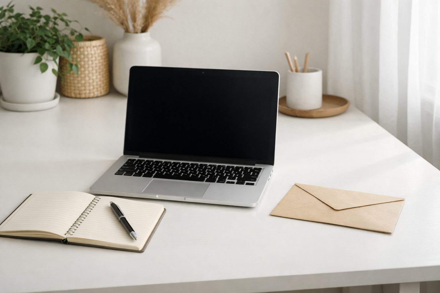 Lyst skrivebord med laptop, notatbok og konvolutt