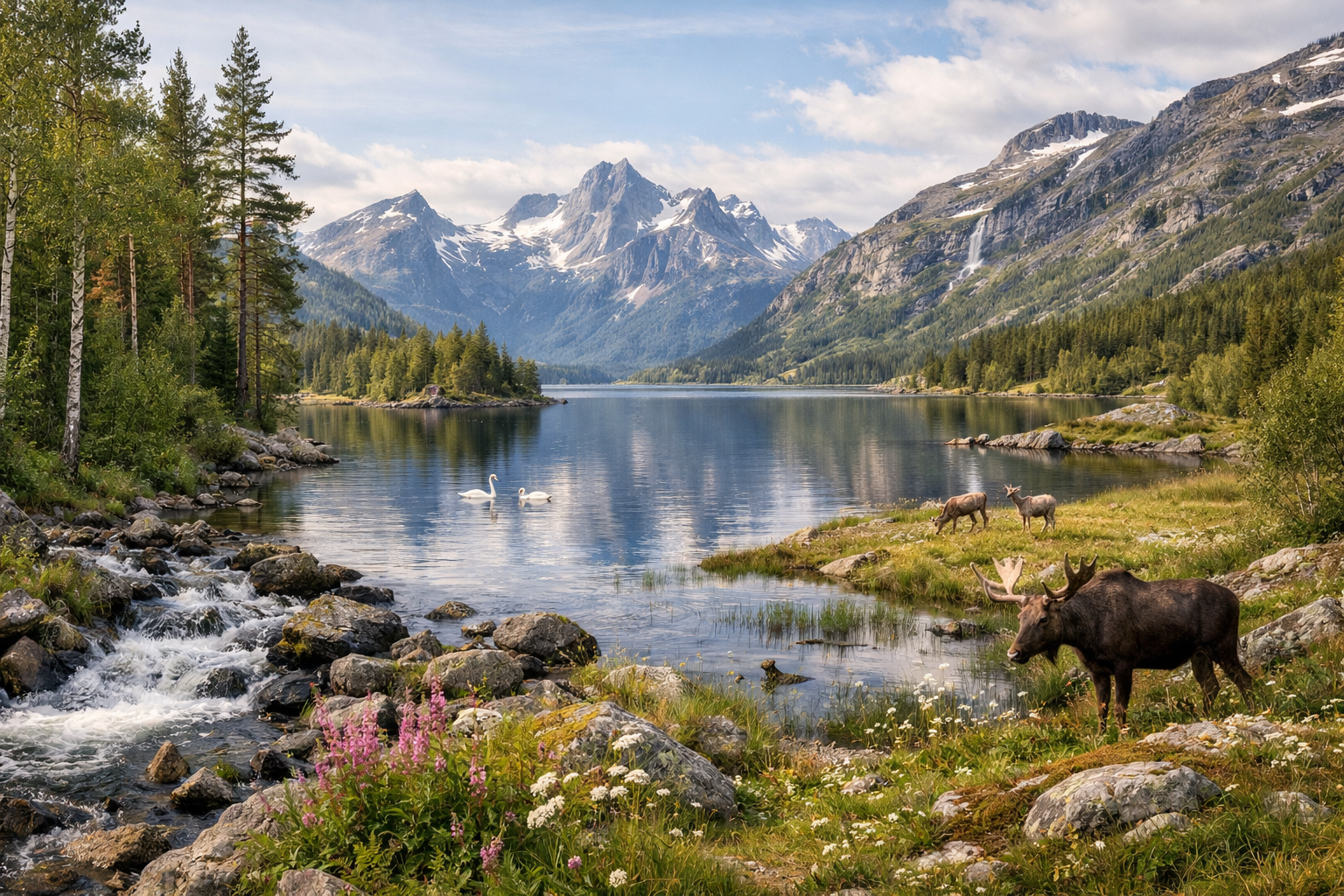 Nordisk natur med skog, fjell, vann og dyreliv