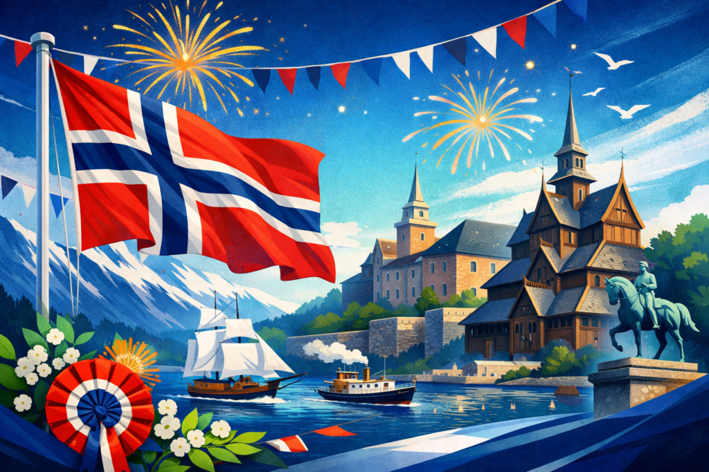 Barnetog med norske flagg på 17. mai foran Stortinget