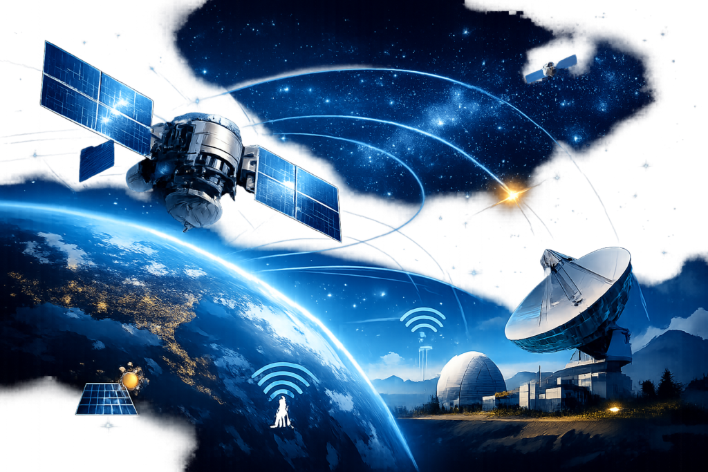 Illustrasjon av en satellitt som sender data mellom sensorer, antenner og en bakkestasjon
